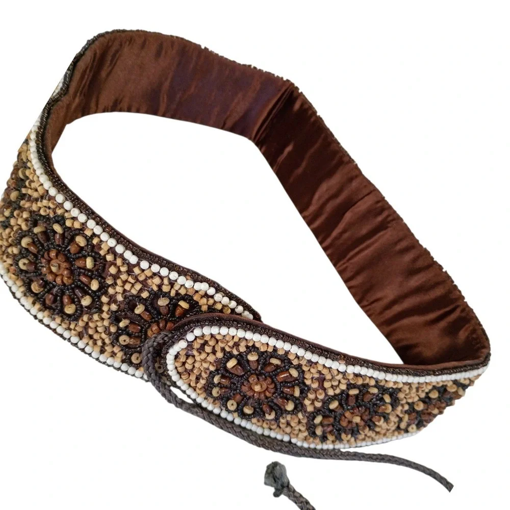 Womens Brown Beaded Floral Wide Waist Belt Boho Wood Seed Bead Tie Cinch 33 Inch
